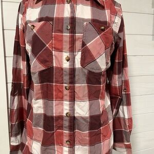 Wrangler Women’s Pink and Brown Plaid Button Down Shirt